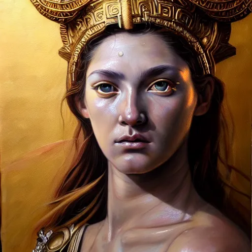 Prompt: hyperrealistic mixed media painting of beautiful goddess Athena, stunning 3d render inspired art by P. Craig Russell and Barry Windsor-Smith, perfect facial symmetry, dim volumetric lighting, 8k octane beautifully detailed render, post-processing, portrait, extremely hyper-detailed, intricate, epic composition, brown eyes, cinematic lighting, masterpiece, trending on artstation, very very detailed, masterpiece, stunning