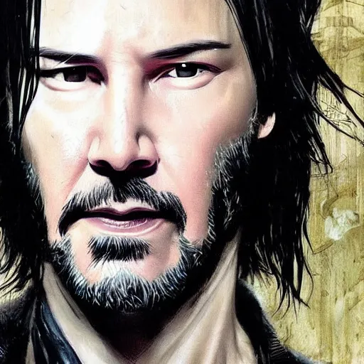 Prompt: keanu reeves a quirky cyberpunk wizzard, dark-hair, intricate, elegant, highly detailed, smooth, sharp focus, detailed face, high contrast, dramatic lighting, graphic novel, art by Ardian Syaf and Michael Choi