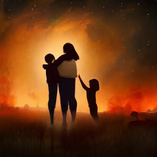 Image similar to A family hugging each other for the last time as the world is ending, meteors are falling from the sky, everything is on fire, dramatic lighting, digital art, very very very very very very beautiful, 8K, dark lighting, trending on Artstation, award winning