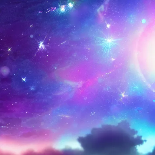 Image similar to anime style hd wallpaper of outer space horizon, glittering stars scattered about, lavender and pink colors