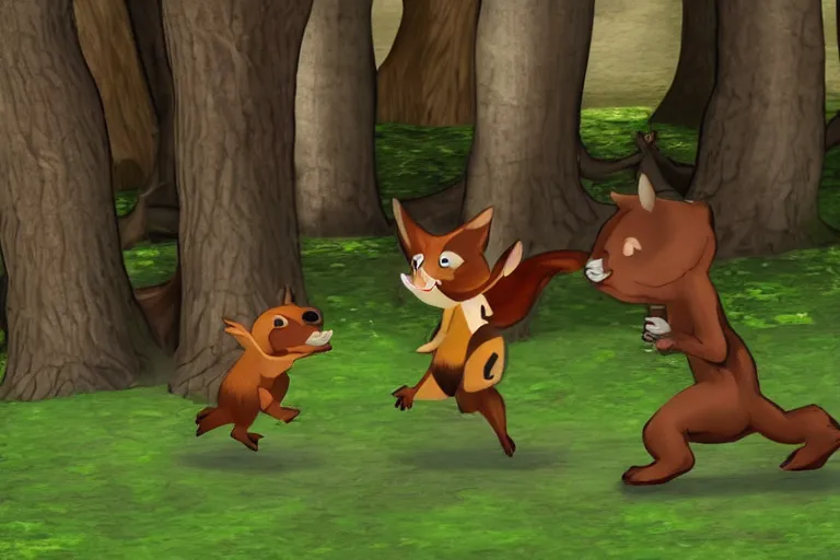 Image similar to 2 woodland creatures fighting, bullet time, woodland setting