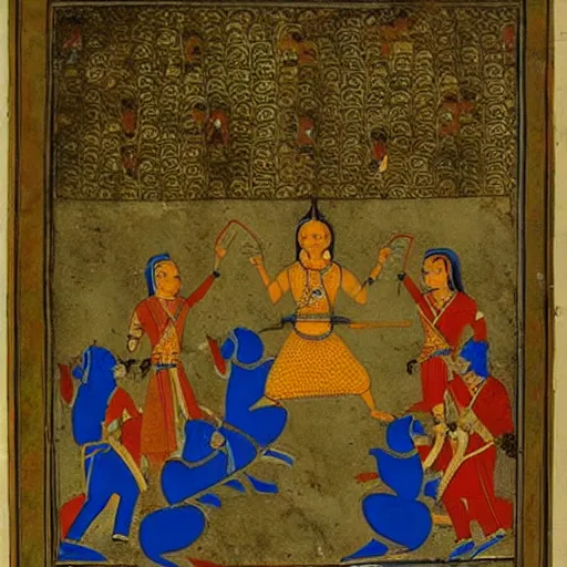 Image similar to woman warrior falls in battle and ascends to godhood. warriors watch in astonishment, mughal art painting by govardhan