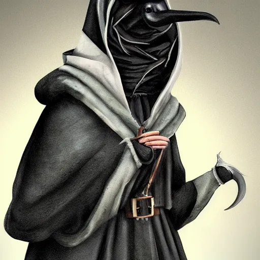 Image similar to female plague doctor donning a black hood, tight knightly armor and a white crow mask, trending on artstation