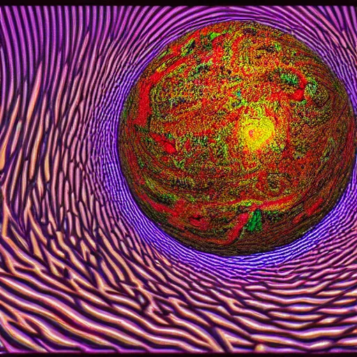 Prompt: a photorealistic psychedelic landscape on a Dyson sphere