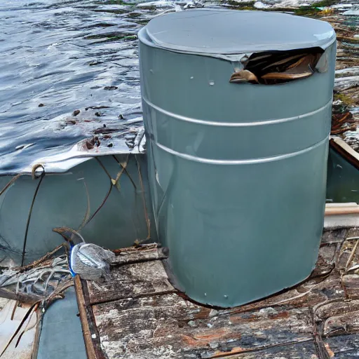 Prompt: clamshell grill garbage can on an abandoned motorboat hull,