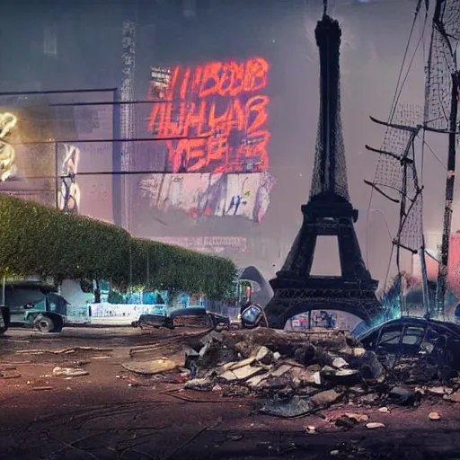 Image similar to A beautiful intricate 8K award-winning ground-level cinematic movie photograph of the future rusting rubble of the fallen and decimated Eiffel Tower, lying in pieces on the ground, surrounded by neon and collapsing corporate video billboard displays. in the year 2050, by Bruno Delbonnel and greg rutkowski. octane render, Arri Alexa 65. Cinematic lighting