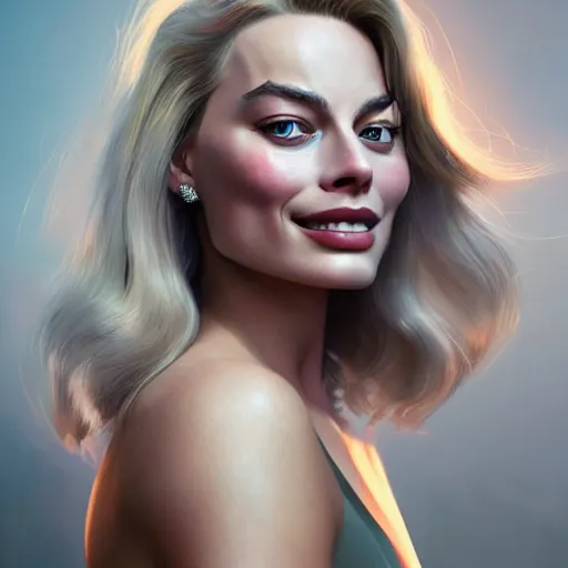 Prompt: a portrait of margot robbie as a pixar character, beautiful, elegant, extremely detailed digital art, trending on artstation hyper realistic matte painting, by wlop, artgerm