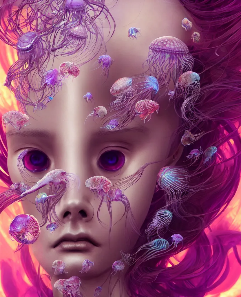 Image similar to goddess princess beautiful woman face close-up portrait ram skull. jellyfish phoenix head, nautilus, orchid, skull, betta fish, bioluminiscent creatures, intricate artwork by Tooth Wu and wlop and beeple. octane render, trending on artstation, greg rutkowski very coherent symmetrical artwork. cinematic, hyper realism, high detail, octane render, 8k