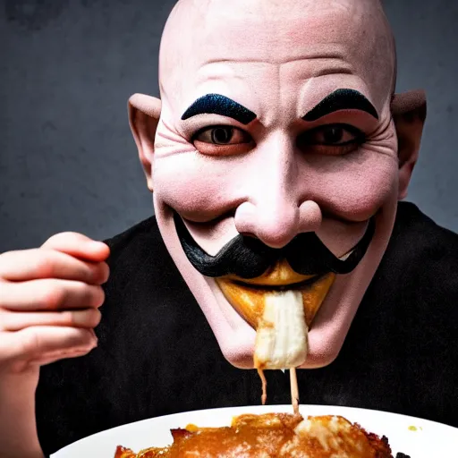 Prompt: man with guy fawkes mask eating pork - chop