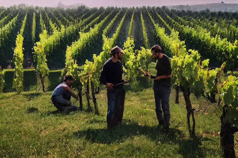 Image similar to cinematography plein air painters in a vineyard in France by Emmanuel Lubezki