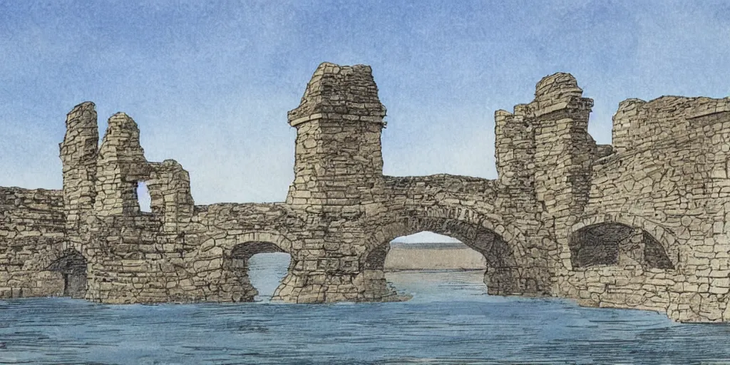 Image similar to Illustration, ancient city built along the top of a narrow tall arched bridge, over water, really long, stretches to the horizon