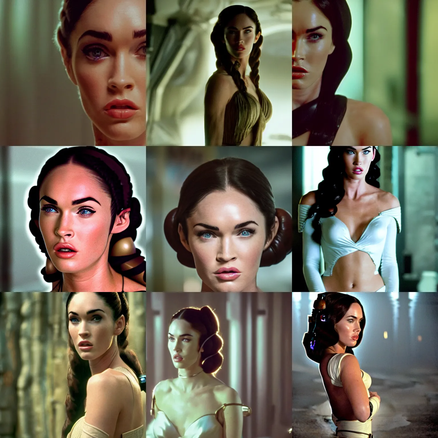 Prompt: megan fox as princess leia, movie still, cinematic, extreme detail, facial features, sharp focus, 8 k 3 5 mm coloured film, body shot, anamorphic lens, lighting