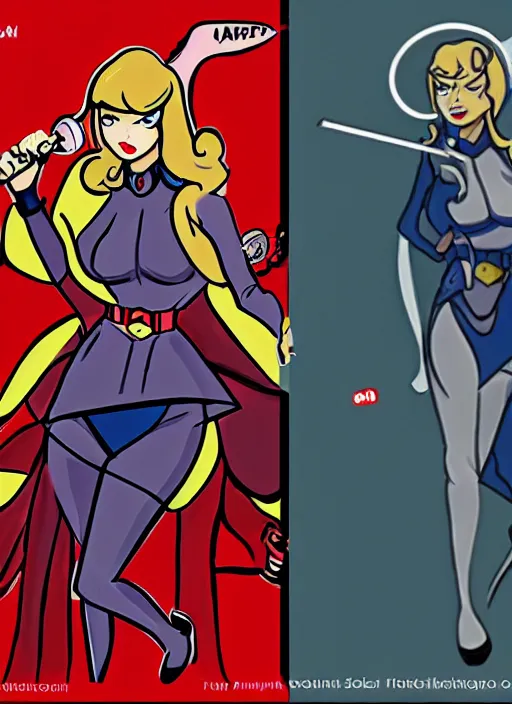 Image similar to taylor swift as a super hero similar to seraphine from league of legends with a microphone in her hand as her weapon drawn in a 1 9 5 0 s cartoon on a saturday morning style, hugh quality, very well proportioned silhouette, contemporary art