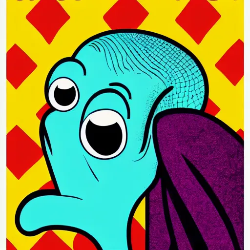 Prompt: handsome squidward portrait, polish poster style, pop art, male, male portrait, vivid colors