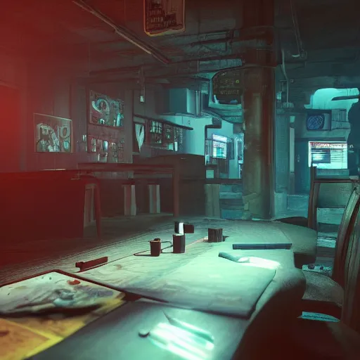 Image similar to ripper doc surgery table. underground. lowlight. diffuse ambience. darkness Cyberpunk 2077. CP2077. 3840 x 2160