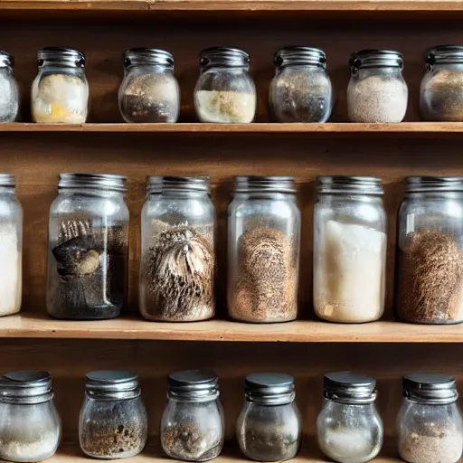 Image similar to different fantastic animals in formaldehyde jars in a row on a shelf. Dlsr photography.