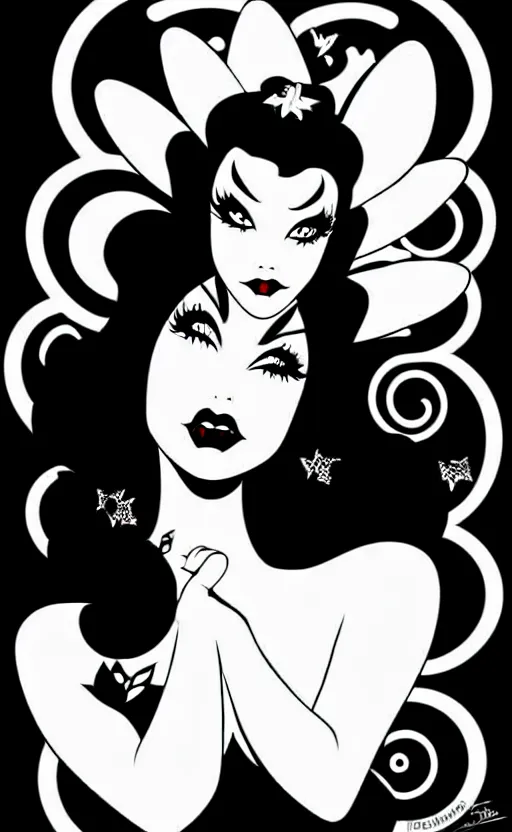 Image similar to fairy with a detailed face and black hair, burlesque psychobilly, rockabilly, punk, wide angle shot, white background, vector art, illustration by frank frazetta