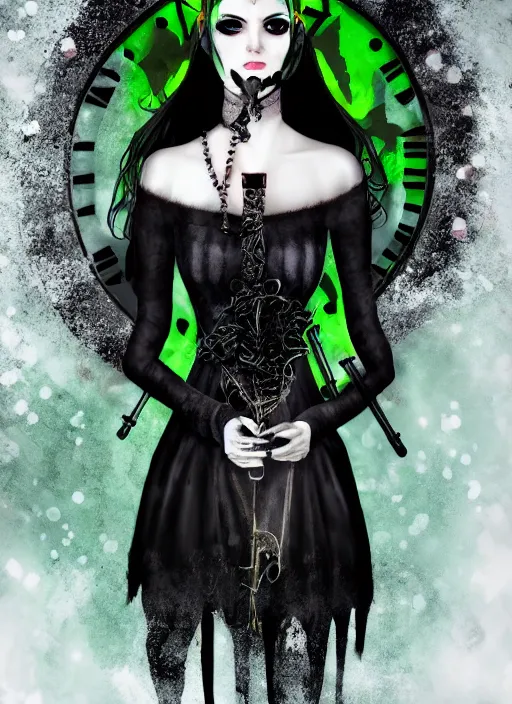 Prompt: a high detail portrait of a pretty huntress dress black clock has white hair and green eyes in the battlefield, Low contrast, abandoned, shining star, traveller, raining, mist, goth by Wolp