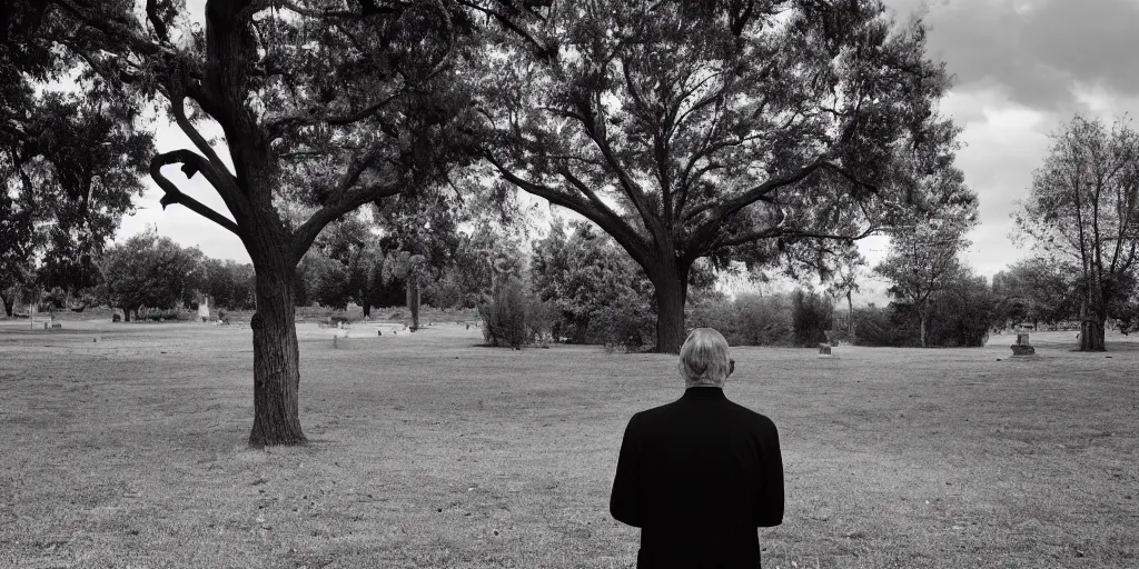 Image similar to Photo of a man in black near a tree in the cemetery looking into the distance