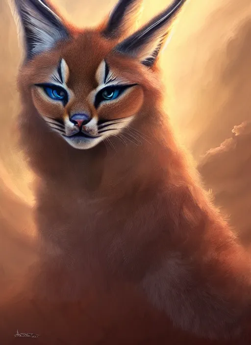 Image similar to cute fluffy caracal as apollo ancient greek god, details, fantasy, epic, ancient greek city, intricate, decadent, highly detailed, octane render, digital painting, artstation, concept art, sharp focus, illustration, art by artgerm, loish, wlop