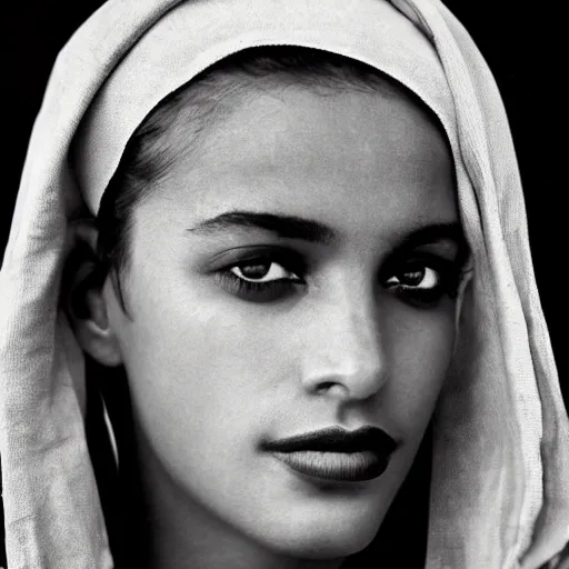 Prompt: black and white vogue closeup portrait by herb ritts of a beautiful female model, coptic egyptian, high contrast