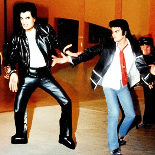 Prompt: Michael Jackson moonwalks in front of Elvis Presley