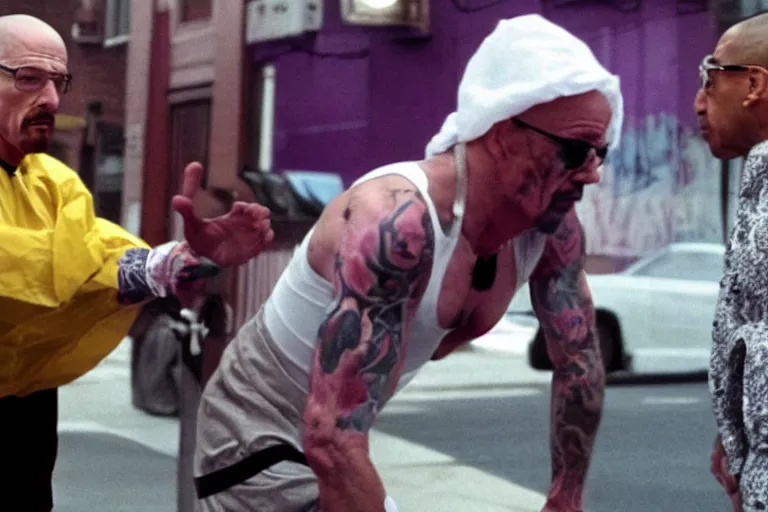 Image similar to walter white as a white gang member wearing a purple head covering made from a polyester or nylon material and a stained white tank top beating up his opponent gustavo fring in the streets of chicago, arms covered in gang tattoo, paparazzi, leaked footage, uncomfortable, bad quality