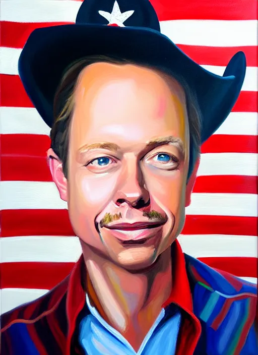 Image similar to oil painting portrait of brock pierce, american flag on background, cowboy style.