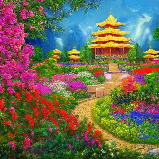 Prompt: a beautiful landscape of a temple with a garden of colorful flowers by Aleksandr Korol. Hyperdetailed