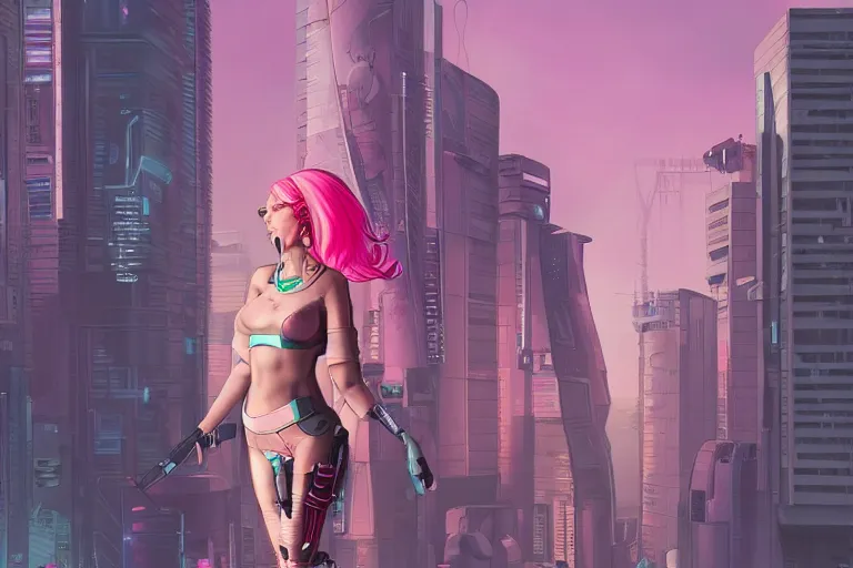 Image similar to a woman with pink hair standing in front of a city, cyberpunk art by patrick brown, trending on artstation, afrofuturism, synthwave, darksynth, retrowave