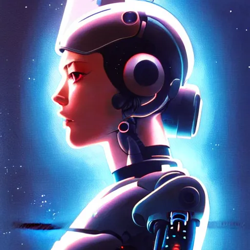 Image similar to side portrait scifi cyborg girl with robotic parts and spacesuit | | head only in center of image, audrey plaza, fine detail!! anime!! realistic shaded lighting!! poster by ilya kuvshinov katsuhiro otomo ghost - in - the - shell, magali villeneuve, artgerm, jeremy lipkin and michael garmash and rob rey