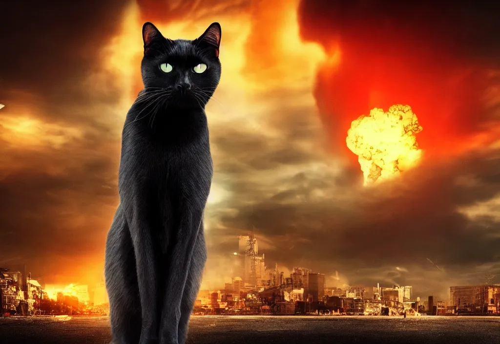 Prompt: old manwith black cat watching nuke explosion cinematic, background blur bokeh, world ending nuke, 4 k