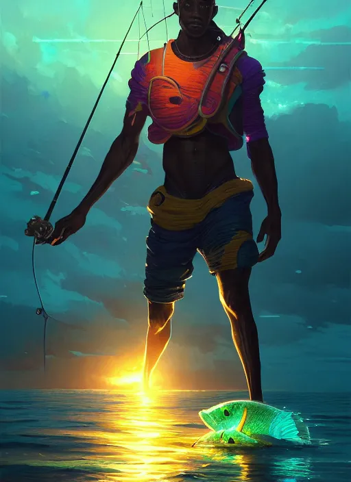 Image similar to portrait of a male jamaican fisherman sci - fi glowing fishing armor fishing rod cyberpunk muscular intricate elegant highly detailed digital painting artstation concept art, ocean background, reggae colors, cinematic, greg rutkowski, loish, rhads, ferdinand knab, makoto shinkai and lois van baarle, ilya kuvshinov, rossdraws, tom bagshaw