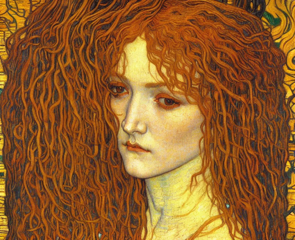 Image similar to detailed realistic beautiful young medieval queen face portrait by jean delville, gustav klimt and vincent van gogh, art nouveau, symbolist, visionary, gothic, pre - raphaelite, muted earthy colors, desaturated