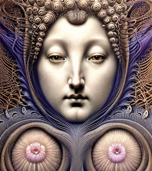 Prompt: detailed realistic beautiful lotus goddess face portrait by jean delville, gustave dore, iris van herpen and marco mazzoni, art forms of nature by ernst haeckel, art nouveau, symbolist, visionary, gothic, neo - gothic, pre - raphaelite, fractal lace, intricate alien botanicals, ai biodiversity, surreality, hyperdetailed ultrasharp octane render