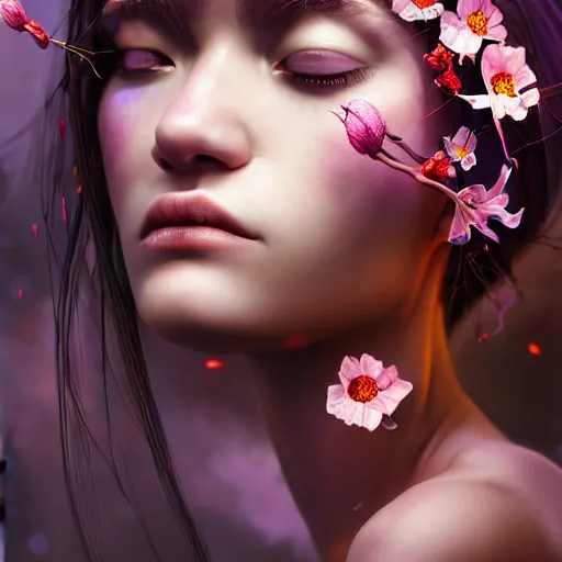 Image similar to beautiful girl necromancer, witch - doctor exploding into flowers by wlop, hyper - realistic detailed portrait by ilya kuvshinov, rtx reflections, octane 1 2 8 k, extreme high intricate details, digital abstract art by ross tran, medium shot, close up shot, composition by sana takeda, lighting by greg rutkowski