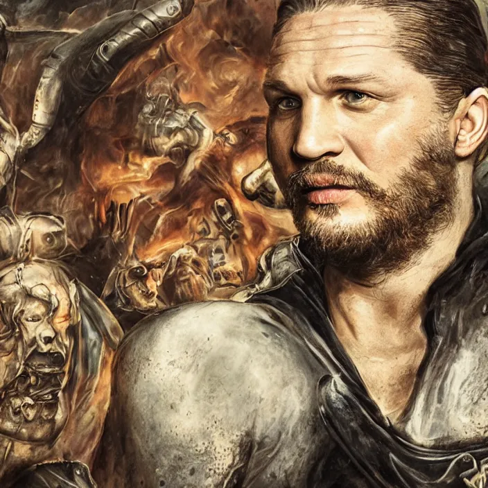 Prompt: professional photographic portrait of tom hardy as machiavelli vanquished scifi aliens strewn over the ground, renaissance style, fine art piece, incredible detail, vray rendering, high octane,