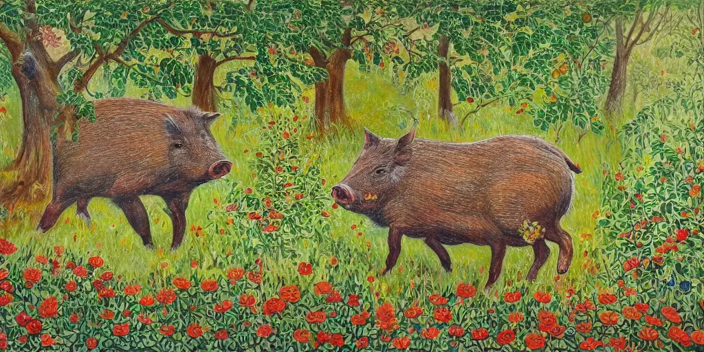 Image similar to Painting of a wild boar in the forest in style of Louis Wain