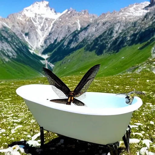 Image similar to dragonfly in a bathtub in the alps, goats!!!!!!!! in background