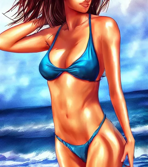 Image similar to beautiful woman in a bikini on the beach drawn by artgerm