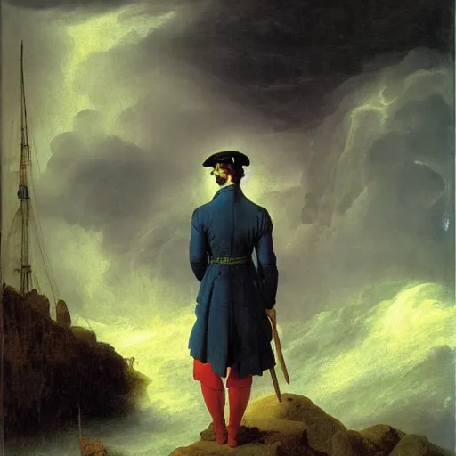 Prompt: Captain looking out over a raging storm, romanticism, by Caspar Friedrich