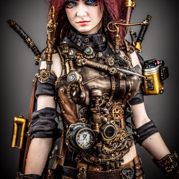 Image similar to photograph of a beautiful steampunk warrior. extremely detailed. dslr. 5 0 mm.