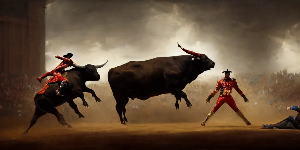 Image similar to a bullfighter fighting a bull in a bullring, mythology, extremely detailed digital painting, in the style of goya and ruan jia and jeremy lipking and peter mohrbacher, mystic colors, edge light, beautiful lighting, 4 k, scene dazzling, ray tracing, octane, trending on artstation