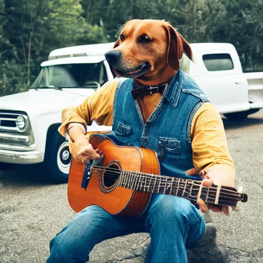 Image similar to A folkpunk hound dog playing the guitar in front of a pickup truck