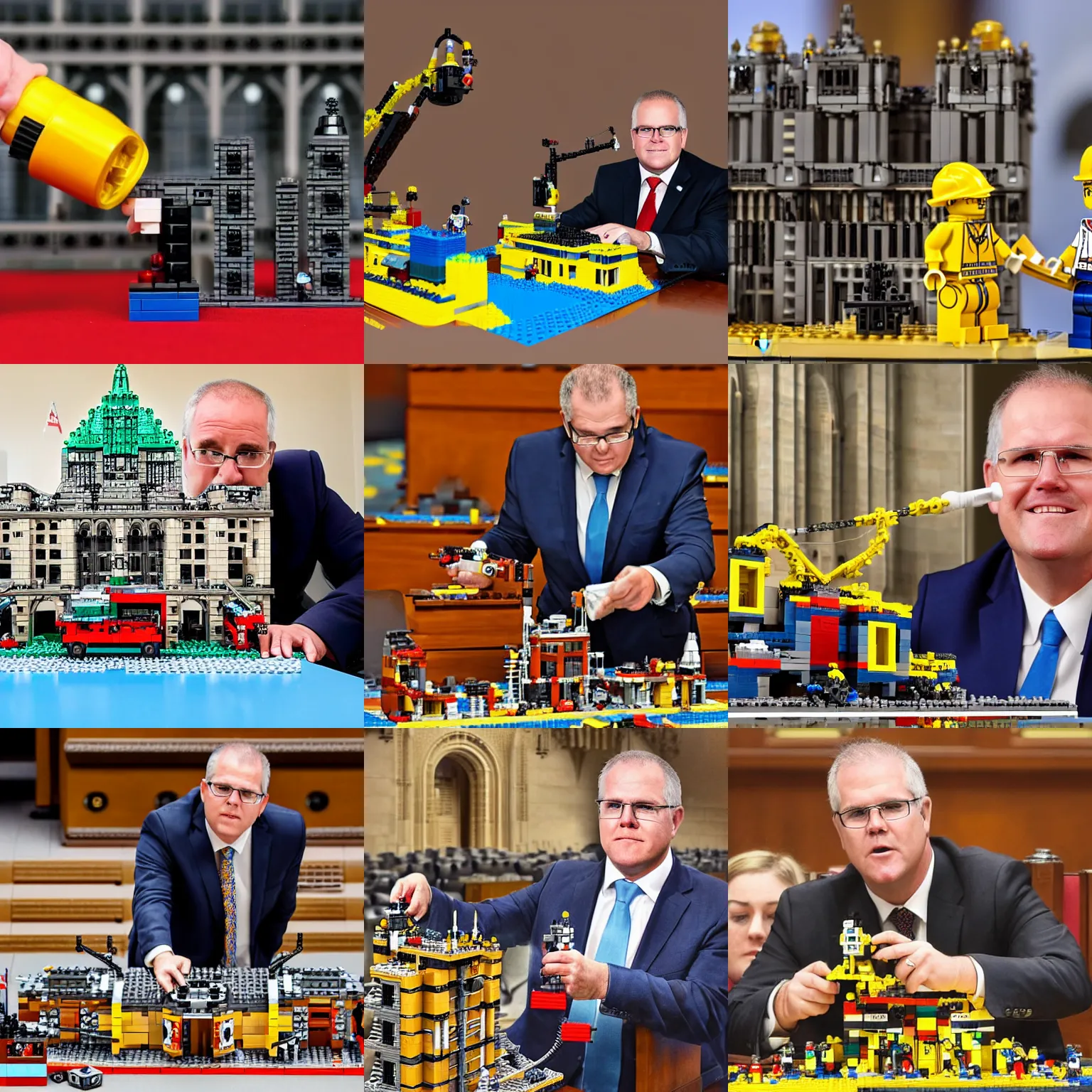 Prompt: scott morrison playing with his mining drill lego set on the parliament floor, highly detailed photo, retouched in photo shop, detailed face, symmetrical eyes