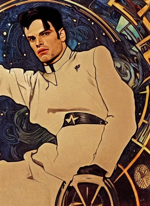 Image similar to sebastian stan as a star trek captain, a still from star trek painted by alphonse mucha. clear highly detailed face, beautiful sci fi art
