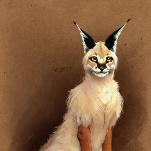 Image similar to concept art, a cute fluffy caracal dressed in toga, 8 k, alphonse mucha, james gurney, greg rutkowski, john howe, artstation