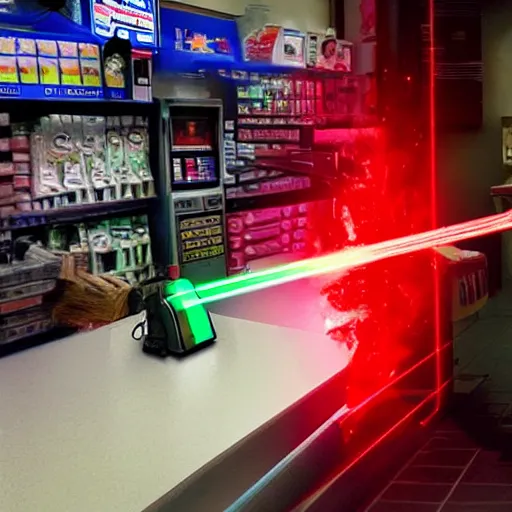 Image similar to Accidents, The Hulk working as a 7/11 cashier using a red laser scanner, cash register, red laser scanner, wide wide shot, very detailed, beautiful lighting, red laser, broken counter, broken, fire, smoke