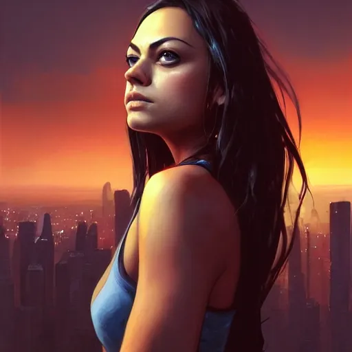 Image similar to portrait of a young mila kunis in front of a cyberpunk city, dramatic light, city background, sunset, high contrast, sharp, painted by stanley lau, painted by greg rutkowski, painted by stanley artgerm, digital art, trending on artstation