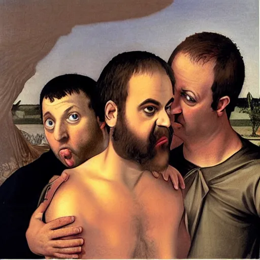 Prompt: matt stone and trey parker as the three stooges in a caravaggio painting